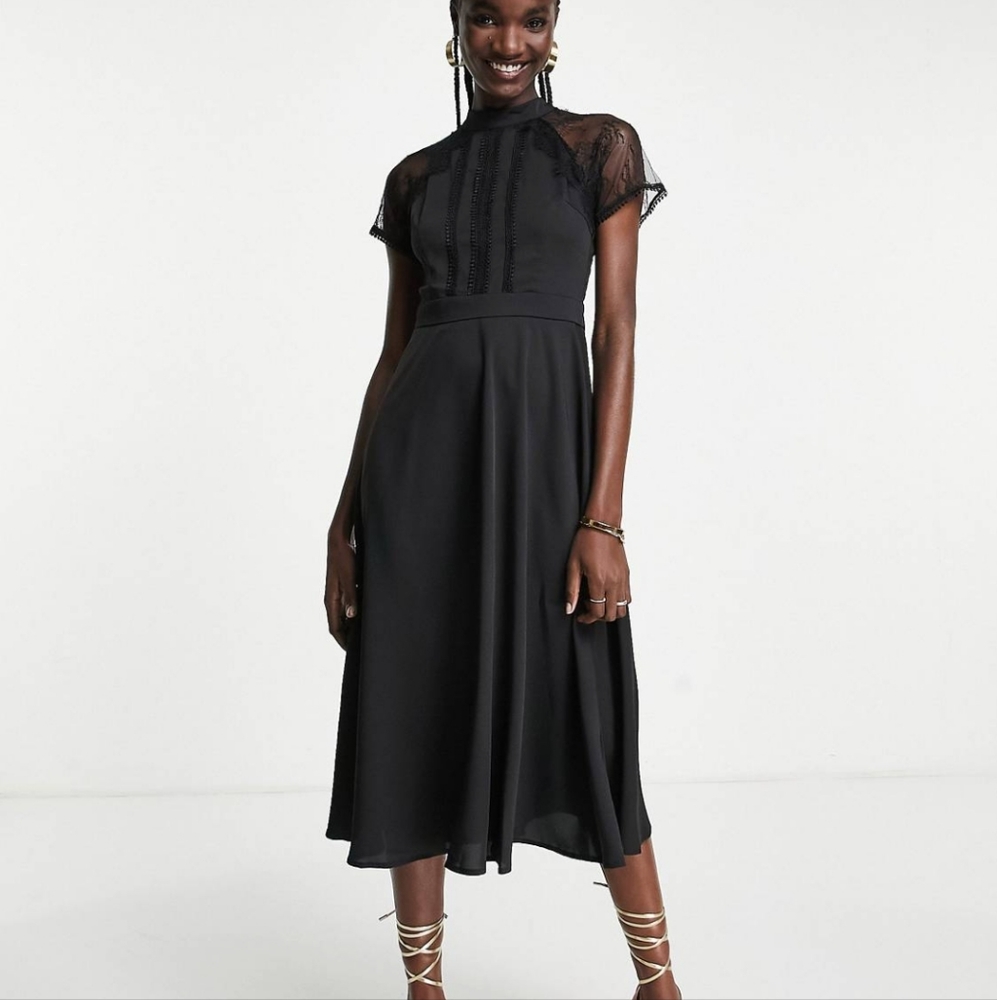 Black Lace Flared Aline High Neck Dress Front Detailing Cinched Waist